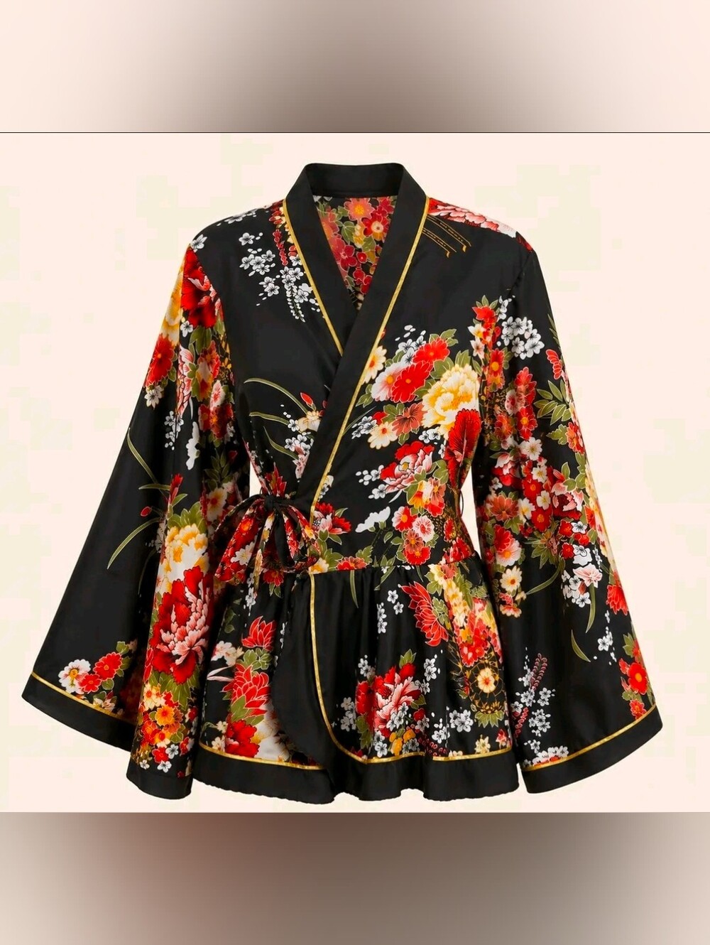 Japanese Style Floral Satin Kimono Wrap Top Bell Sleeve Peplum Tunic Small